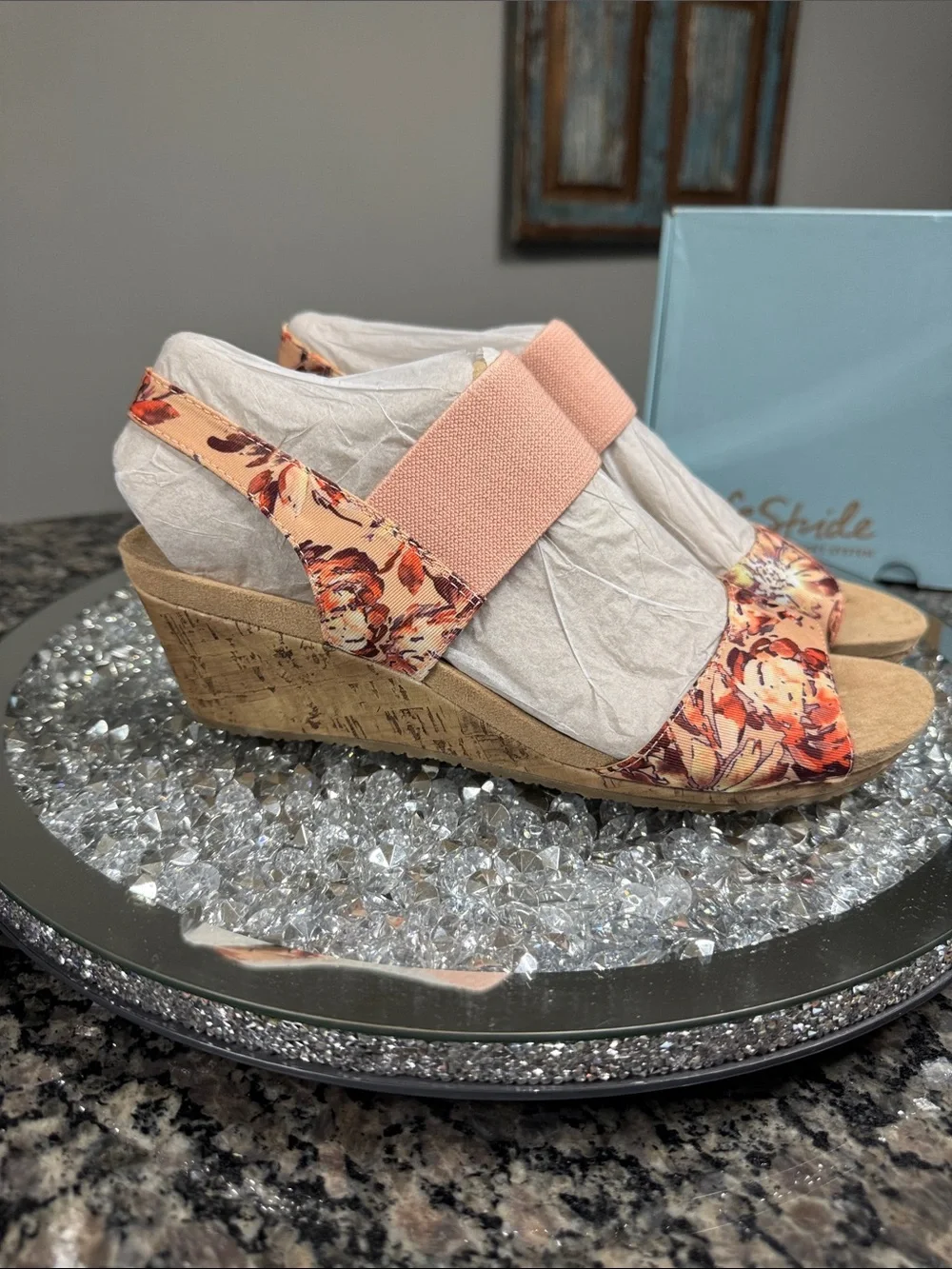 Life Stride Peach Floral Elastic Strap cork Wedge Sandals NEW 9